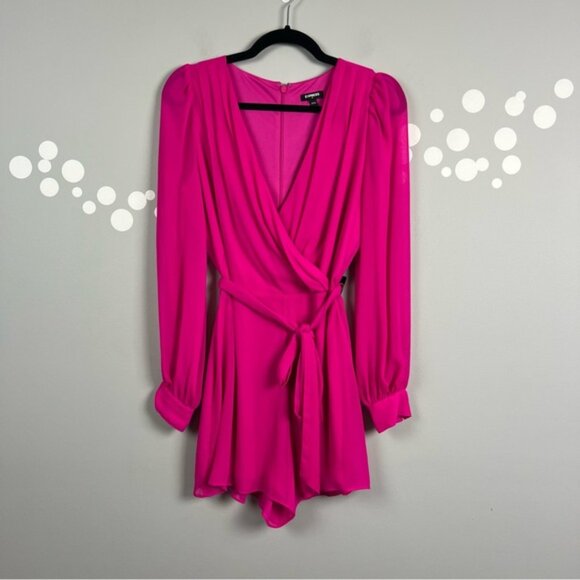 NWT Express Hot Pink Surplice Wrap Romper Long Sleeve Tie Waist Size XS - Picture 1 of 10